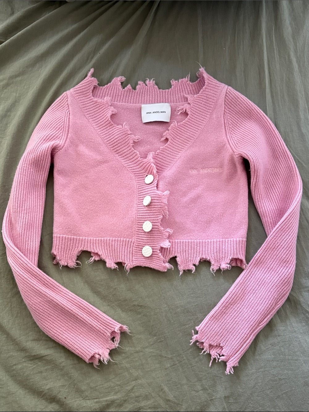 Ann Andelman Pink Distressed Crop Cardigan Sweater
